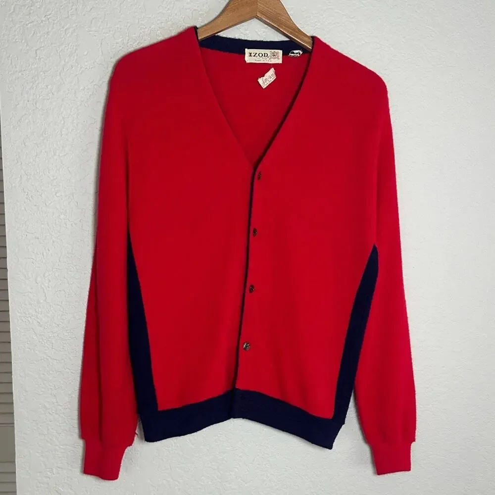 Vintage IZOD Men's Red Cardigan Sweater V Neck Preppy Old Money Country Club